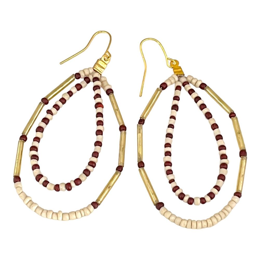 New Beaded Hoop Earrings Gold Brown Cream Beads - 4D